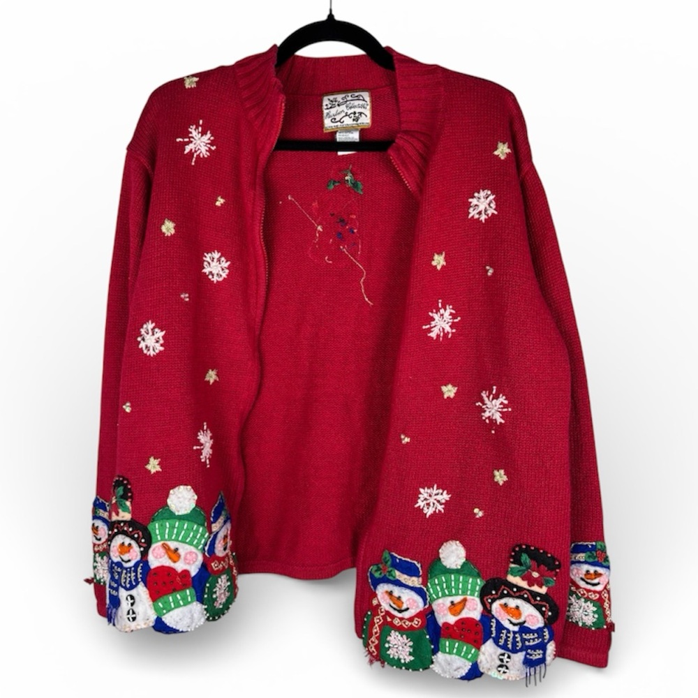 Heirloom Collectibles Women’s Red Large Snowman Holiday Zip Up Sweater